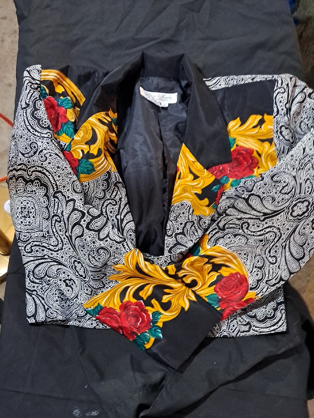 Black Floral Baroque Print Blazer with Gold Accents - Laura And Jayne Vintage